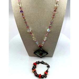 Breast Cancer Awareness Beaded Necklace & Charm Bracelet Set With Glass Pendant